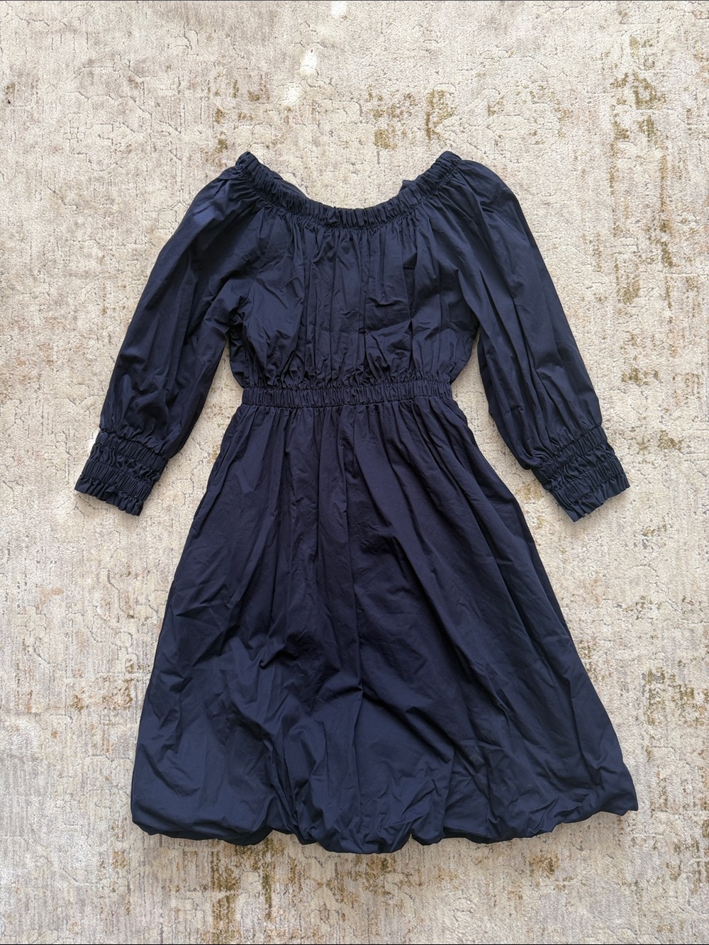 En Saison Navy Off-Shoulder Smocked Midi Dress